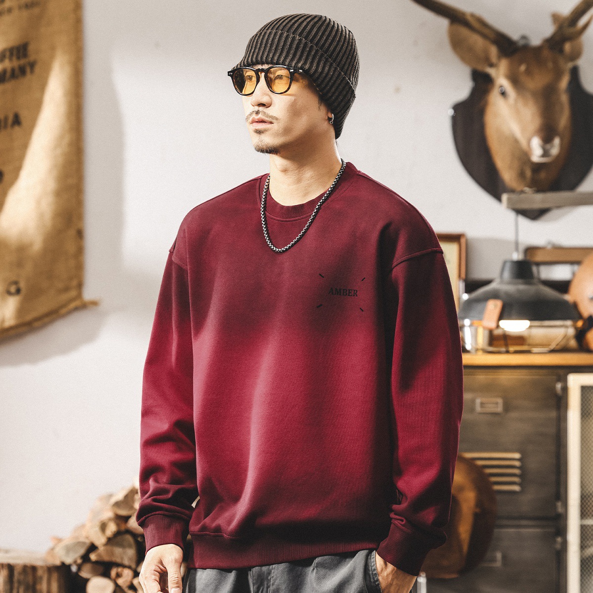 美式復古重磅圓領男士衛衣春秋新款潮牌安可拉紅寬鬆休閒秋季上衣