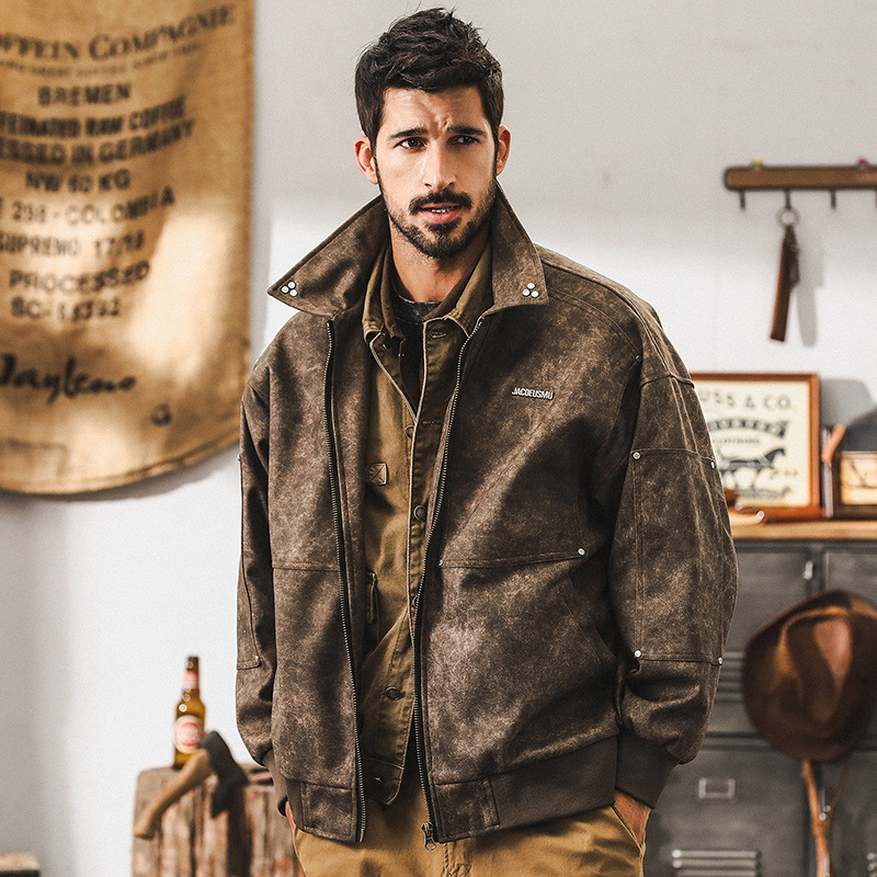 美式復古扎染水洗工裝外套男春秋2024新款潮流痞帥硬漢休閒夾克男