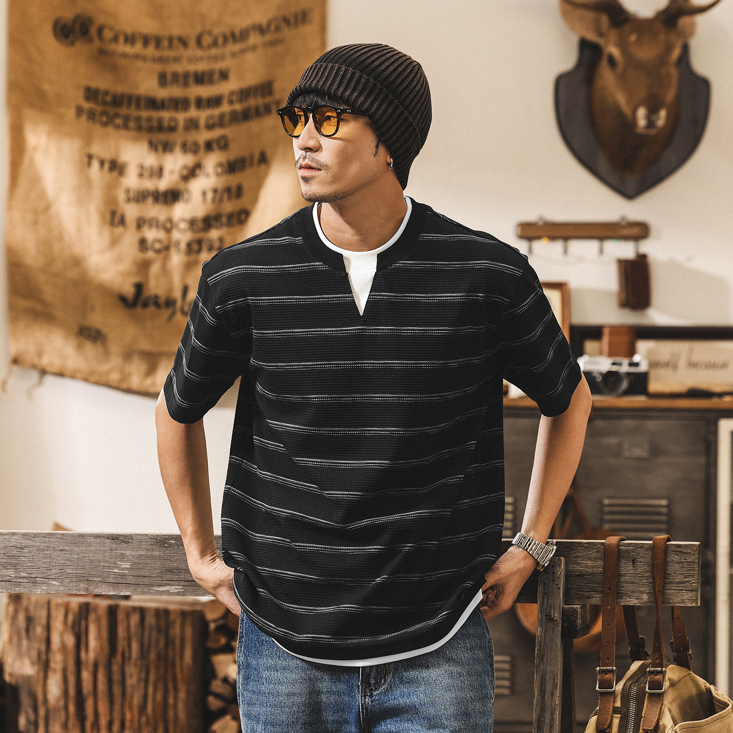 假兩件疊穿提花條紋男士短袖T恤夏季2026新款美式復古寬鬆上衣男