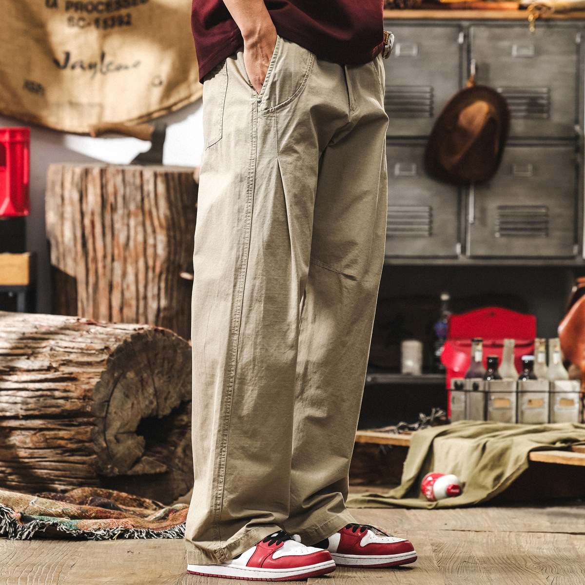 美式復古寬鬆闊腿休閒褲男士夏季直筒長褲子拼接潮牌設計感工裝褲