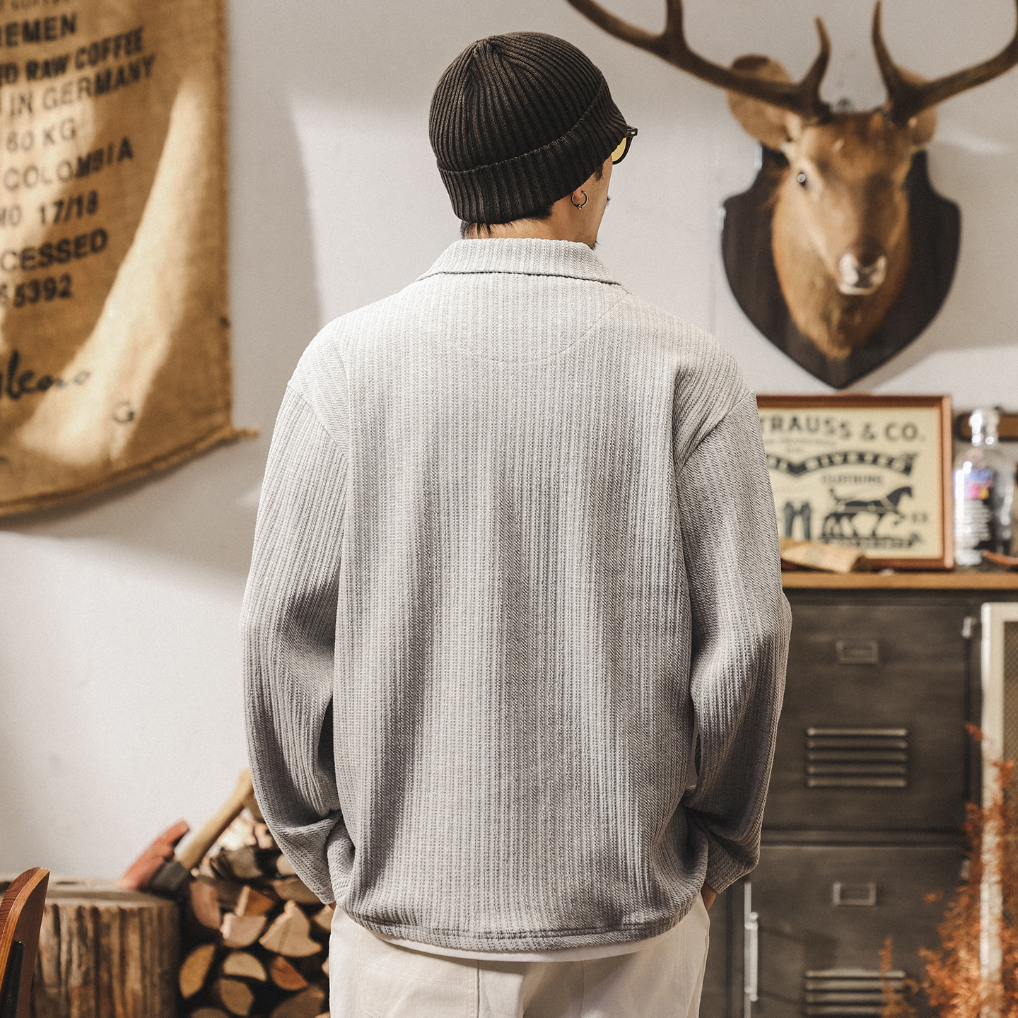 美式重磅復古Polo衫男士秋季新款針織提花毛衣潮流假兩件長袖上衣