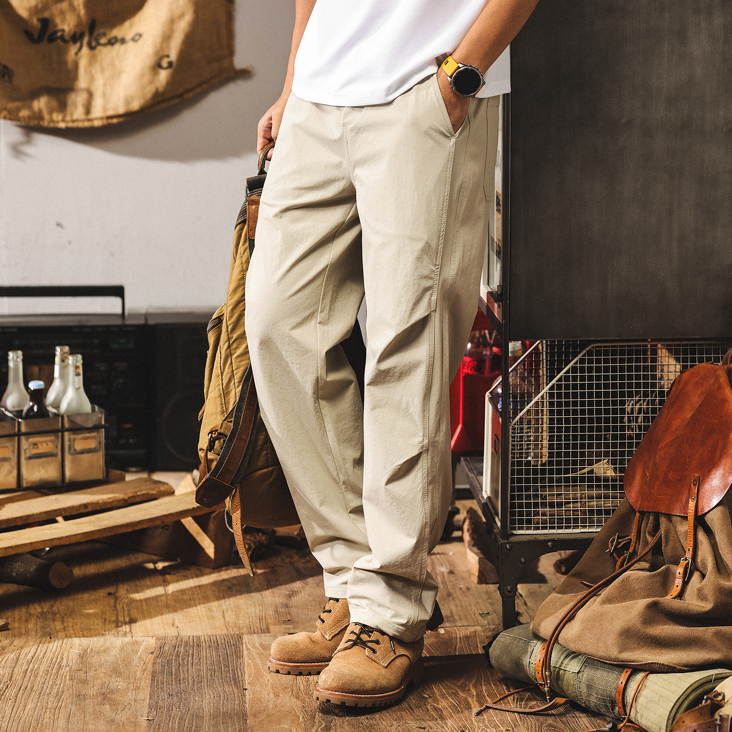 美式薄款冰絲涼感卡其色褲子男款夏季寬鬆直筒長褲城市通勤休閒褲