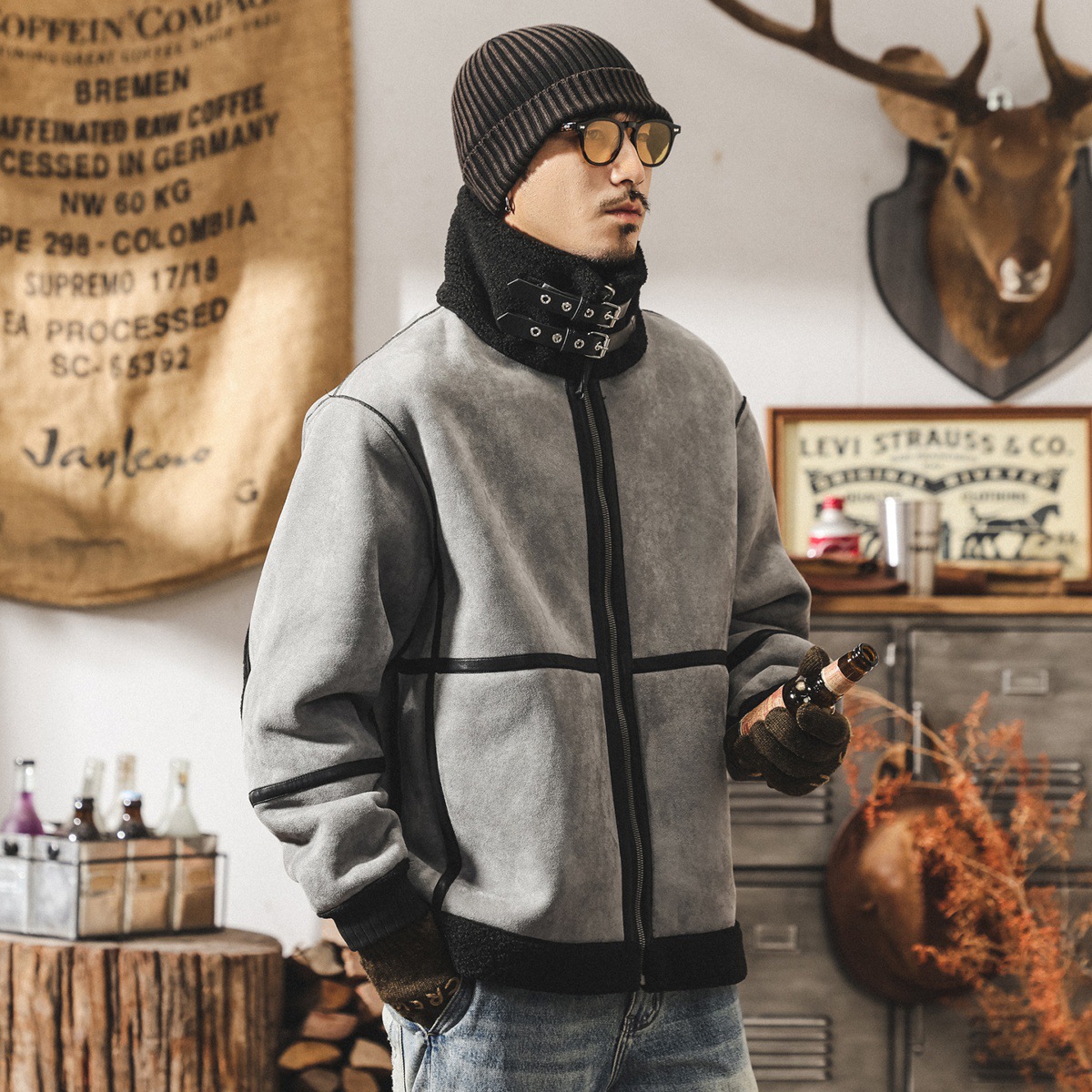 荒絨雙面穿復古皮毛一體棉服外套男冬季加厚保暖棉襖搖粒絨棉衣男