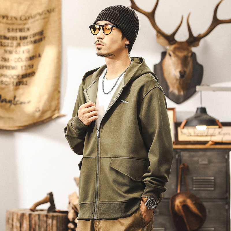 美式復古重磅開衫連帽衛衣男秋季潮牌寬鬆大碼斜紋針織秋冬外套男