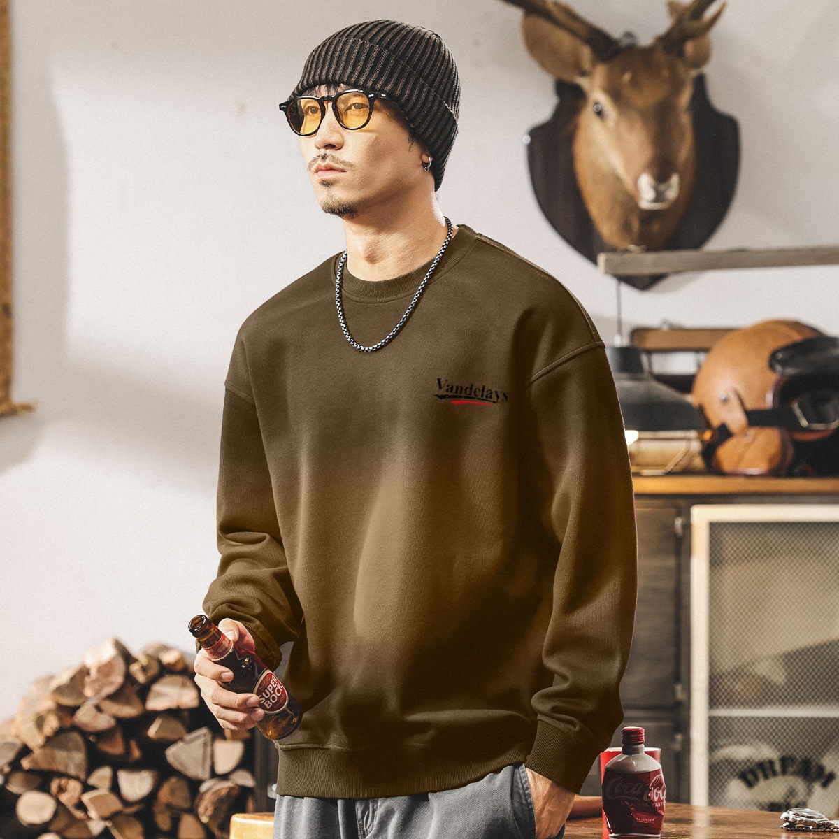 安可拉紅重磅圓領衛衣男春秋新款美式復古潮流髒染寬鬆大碼上衣男