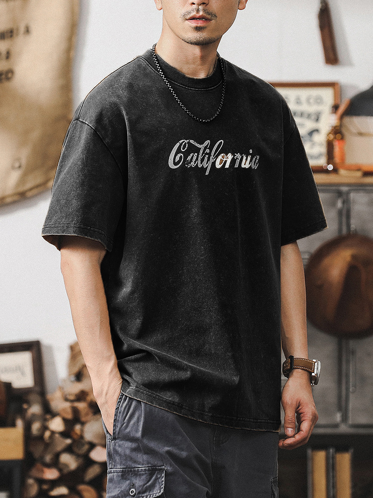 杰雷諾復古雪花水洗短袖T恤男夏季美式重磅硬挺體恤寬鬆上衣潮T男