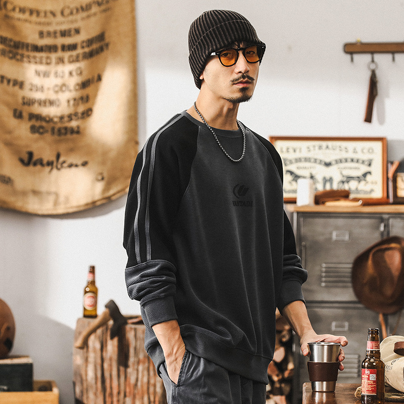 美式復古350g重磅衛衣男秋冬款潮牌肌理感華夫格秋季長袖T恤男士