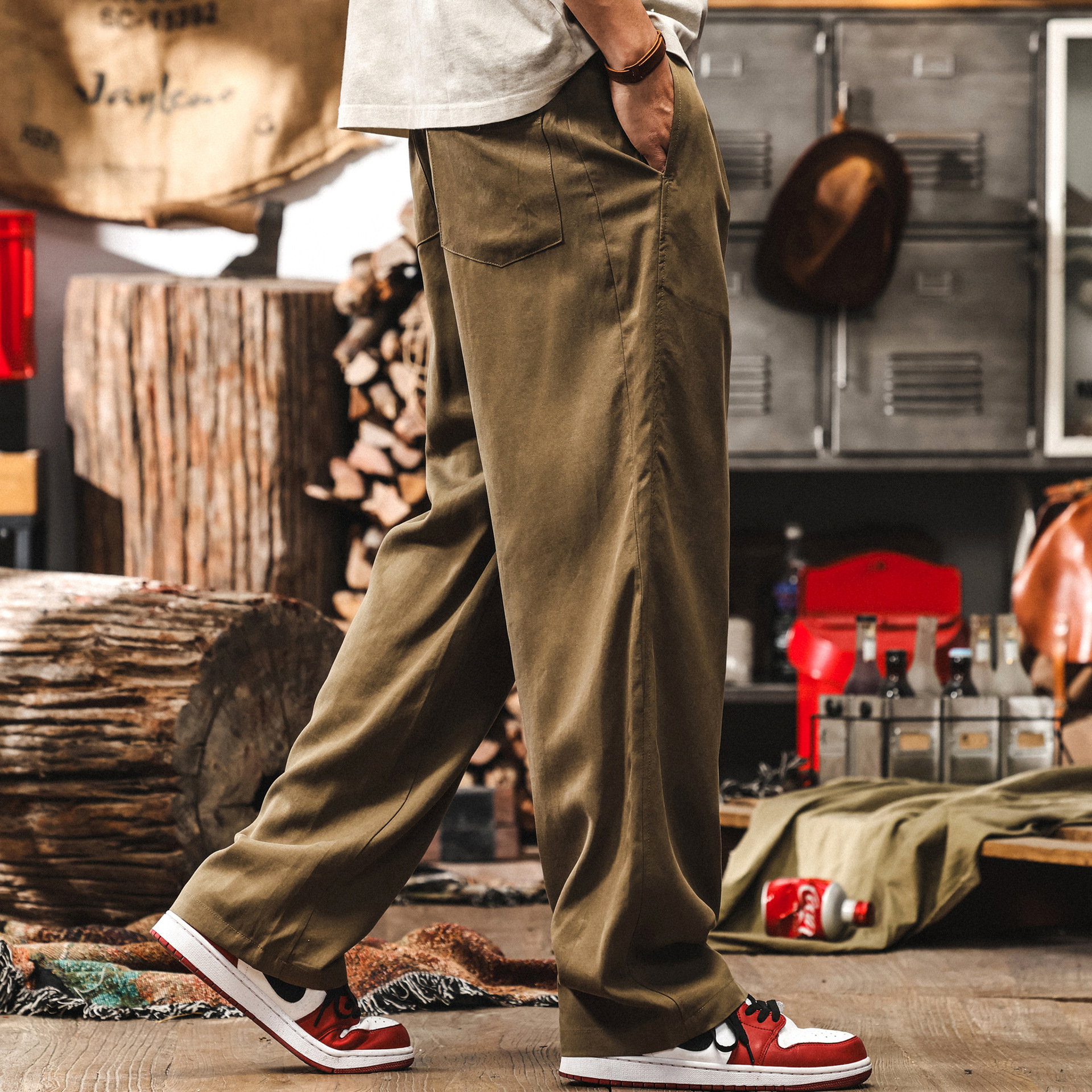 萊賽爾卡其色休閒長褲男款夏季薄款垂感亞麻褲子潮牌寬鬆直筒男褲