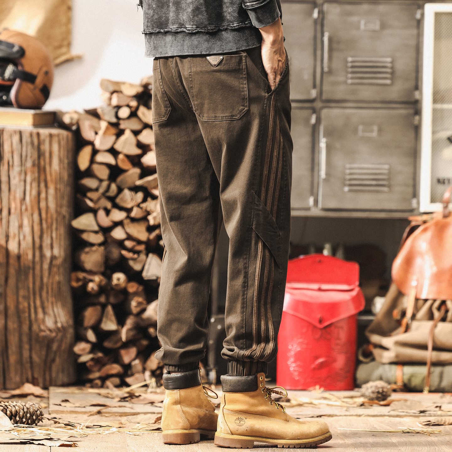 美式復古工裝褲男寬鬆潮流秋季拼接潮牌褲子男春秋直筒束腳休閒褲