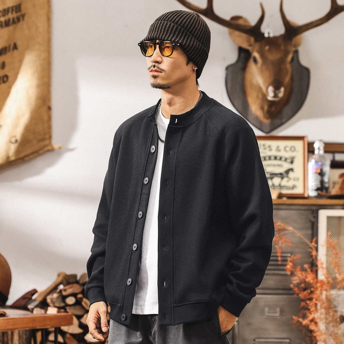 美式復古華夫格開衫衛衣男士外套春秋潮牌2025新款寬鬆休閒上衣