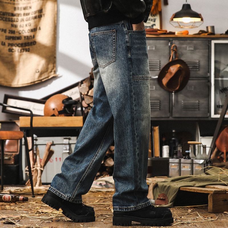 美式復古秋季牛仔褲男寬鬆直筒2024新款工裝褲子男潮牌休閒長褲男