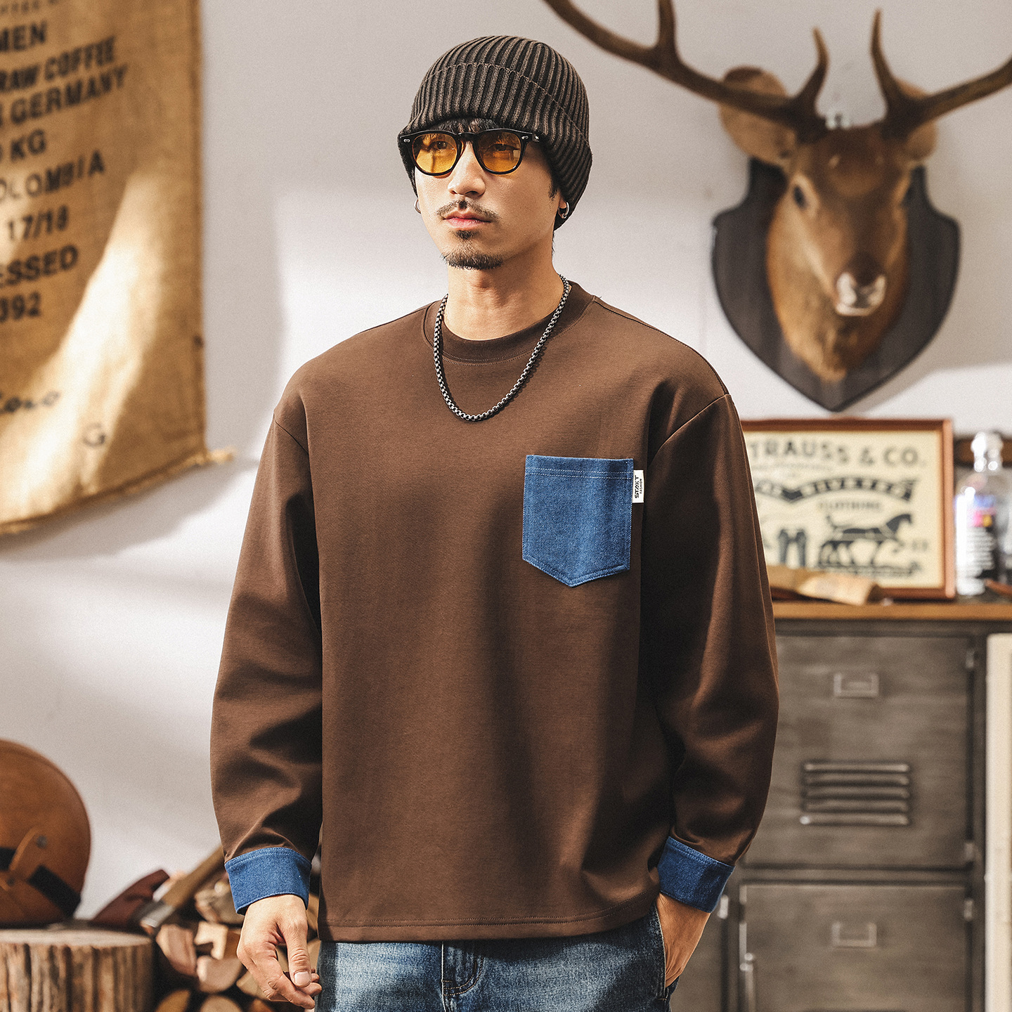 美式復古萊賽爾空氣層衛衣男春秋潮牌300g重磅寬鬆牛仔撞色上衣男