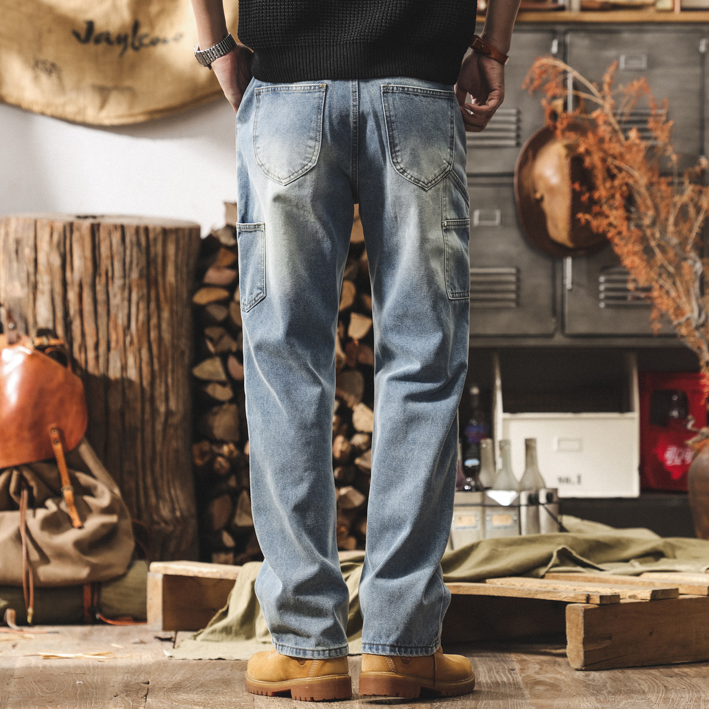 美式復古水洗牛仔褲男直筒春季潮牌工裝褲伐木工褲男士寬鬆休閒褲