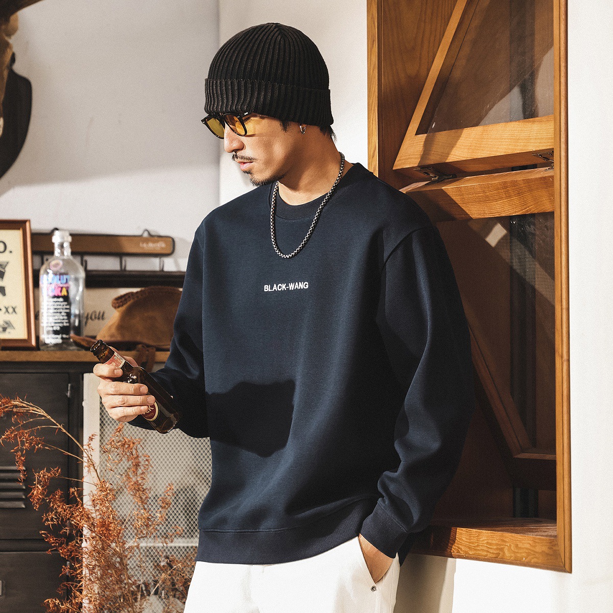 美式復古重磅衛衣男春秋2025新款緞紋肌理高級感紅色男士長袖t恤