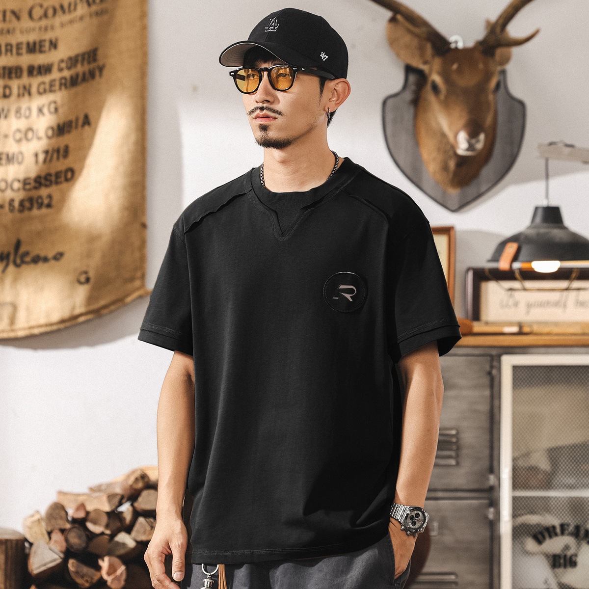 美式復古重磅T恤男士短袖寬鬆夏季新款拼接潮牌假兩件半袖男上衣T