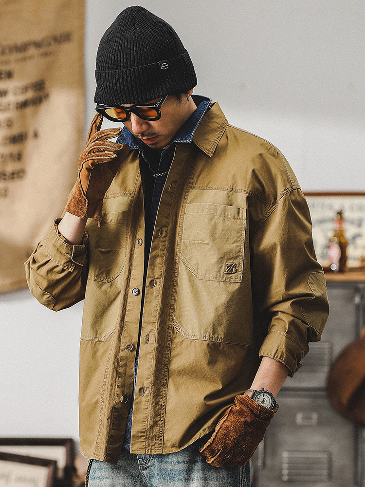 傑雷諾美式複古拼接工裝襯衫男秋季潮牌寬松休閑襯衣長袖男款外套