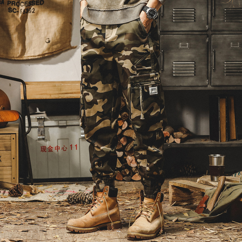 美式重磅迷彩加絨休閒褲男冬季寬鬆直筒秋冬款潮流復古傘兵工裝褲