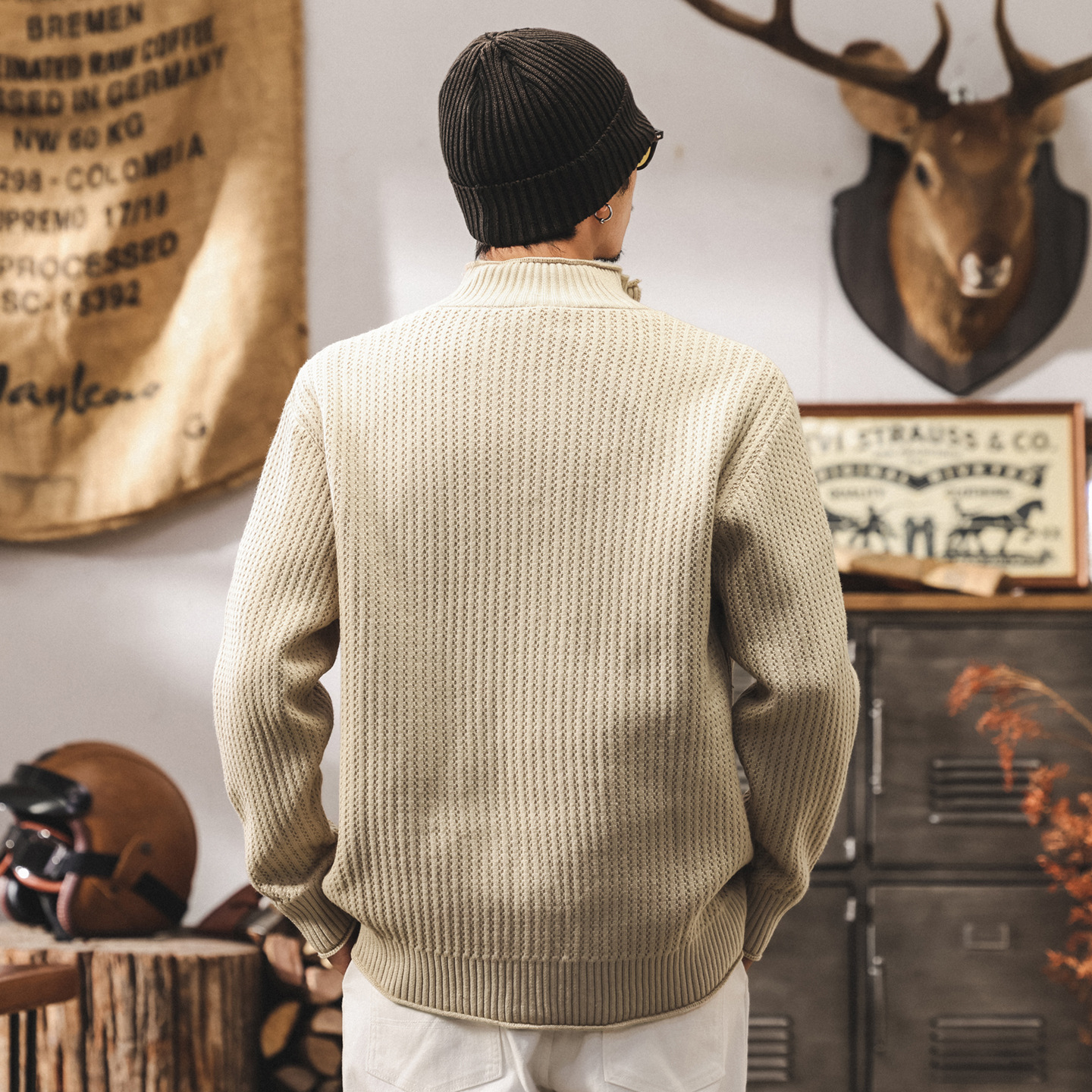 美式復古7針重磅開衫毛衣男春秋新款慵懶風立領針織衫外套男秋冬