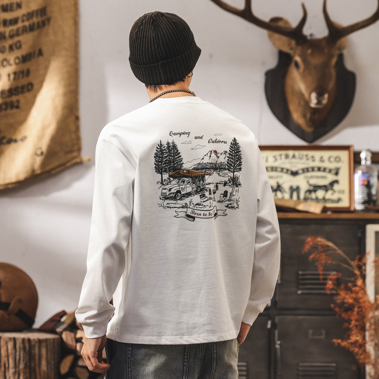 美式復古重磅長袖男t恤春秋潮牌新款山系男裝戶外印花寬鬆上衣男T