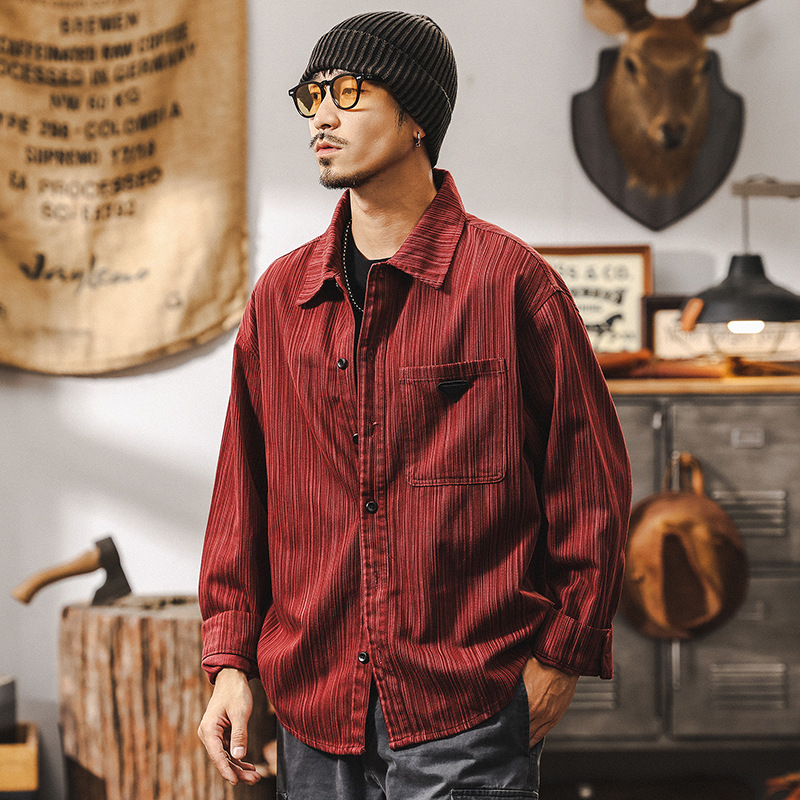 美式復古竹節紋肌理感襯衫男春季寬鬆潮牌2025新款休閒長袖襯衣男