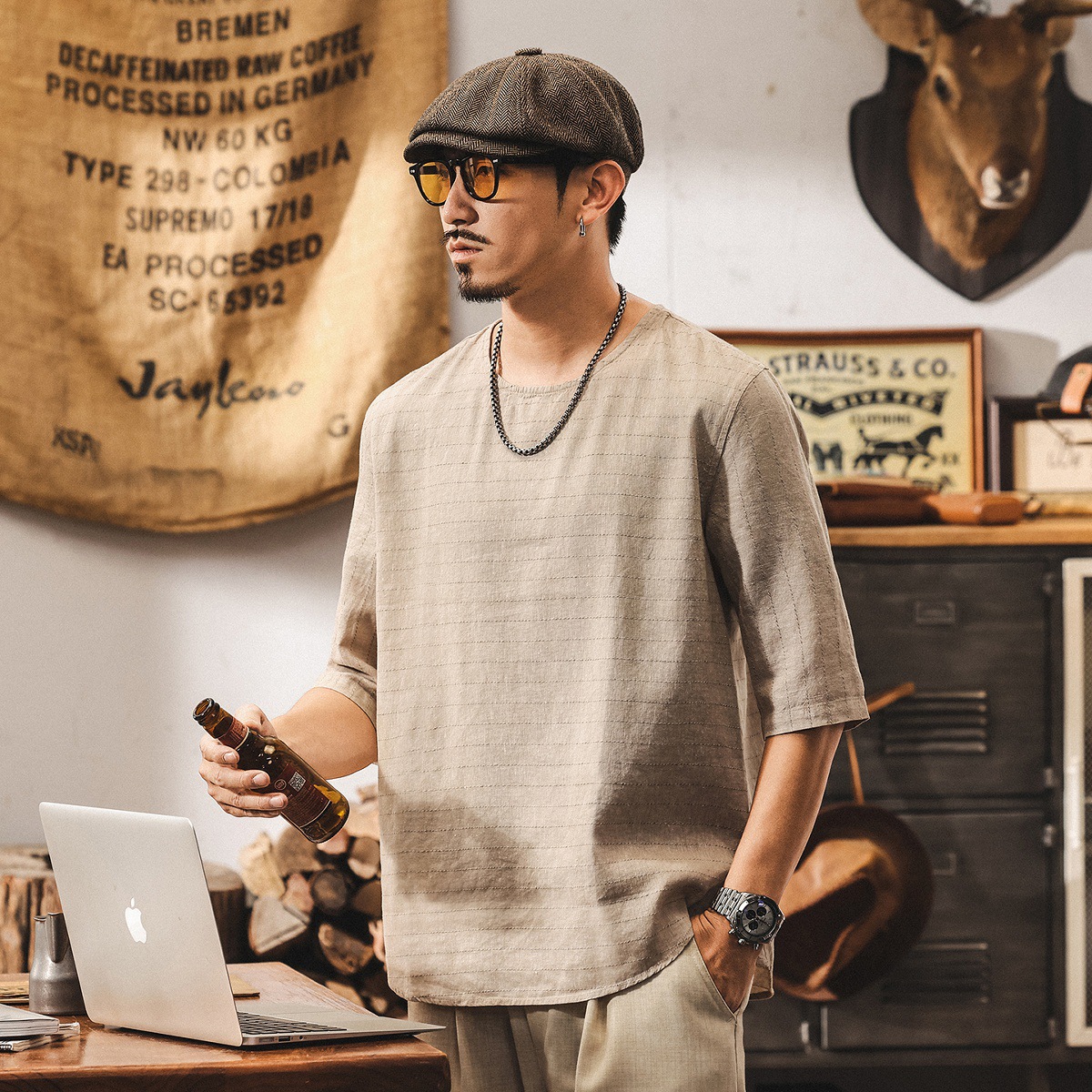 古風中式復古棉麻t恤男士短袖夏季新款老錢風古典寬鬆休閒體恤男T