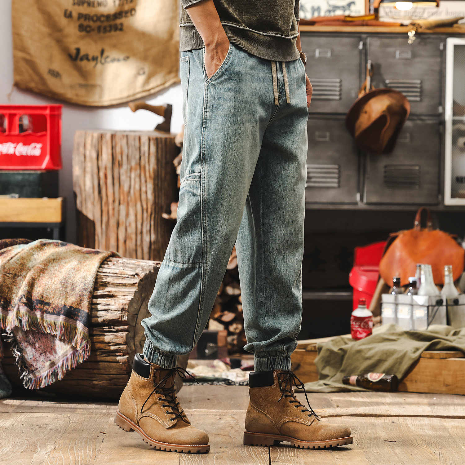 美式復古萊賽爾牛仔褲男2025年新款寬鬆束腳工裝褲男潮牌男士褲子