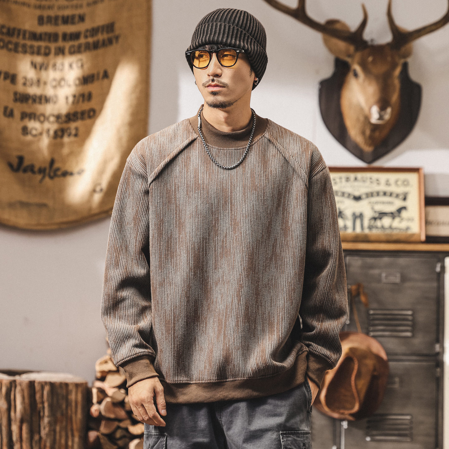 美式重磅圓領衛衣男寬鬆秋冬潮牌定織廢土風復古針織衫外套男秋季