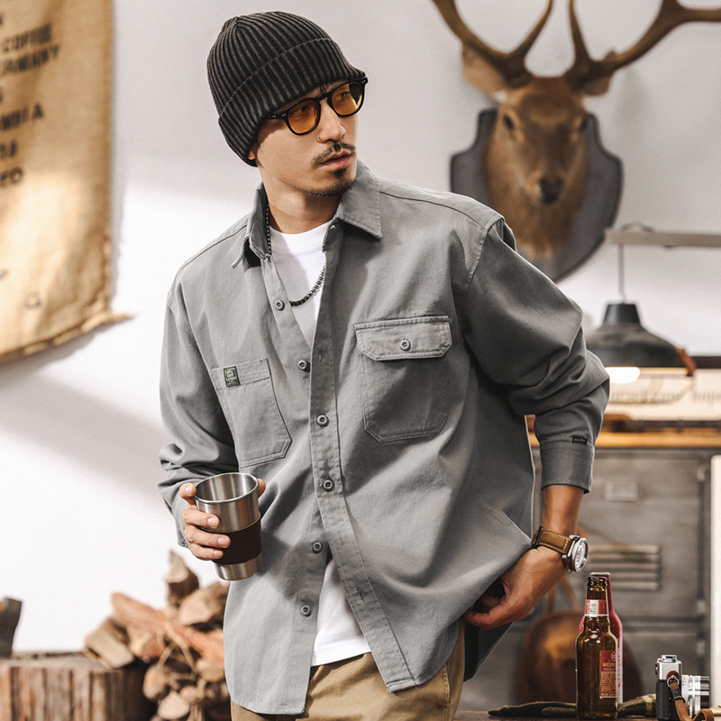 美式復古長袖襯衫男春季寬鬆休閒2025新款阿美咔嘰工裝襯衣外套男