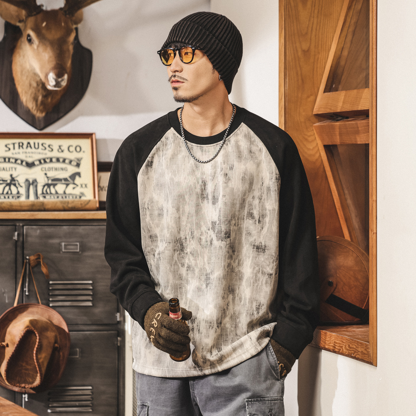 美式復古360g重磅空氣層麂皮絨衛衣男秋季新款插肩潮流長袖上衣男