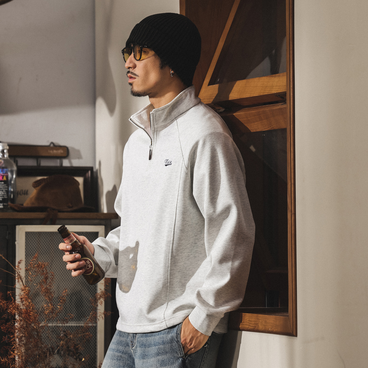 美式重磅復古立領半拉鍊衛衣男春秋潮牌新款簡約刺繡寬鬆休閒上衣