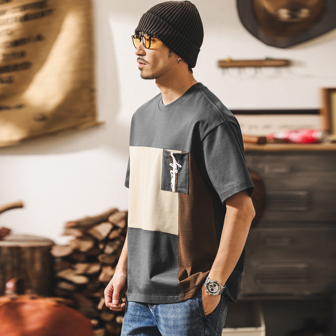 美式復古300g重磅T恤男士短袖2026新款夏季潮流撞色拼接寬鬆上衣