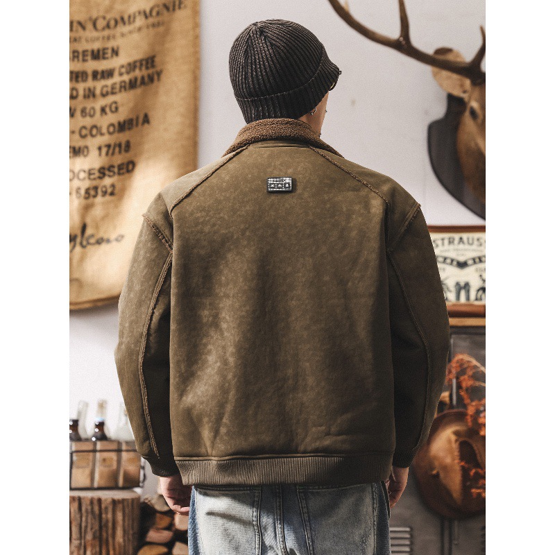 美式復古加厚機車皮毛一體麂皮絨棉服男冬季保暖羊羔絨棉衣外套男