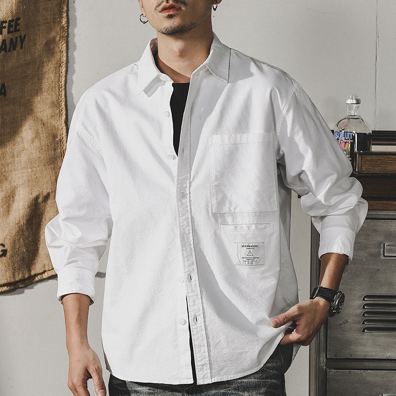 杰雷諾美式工裝簡約白色襯衫男長袖日系寬鬆潮牌襯衣外套男春秋款