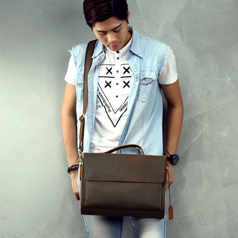 手工真皮公文包男手提包男牛皮復古簡約郵差包商務休閒單肩斜跨包