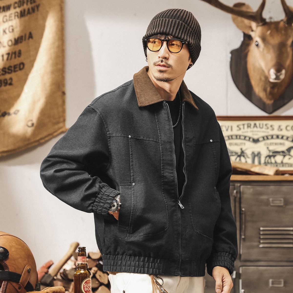 巴恩風工裝外套男春秋新款美式復古霜感帆布寬鬆潮牌硬朗教練夾克