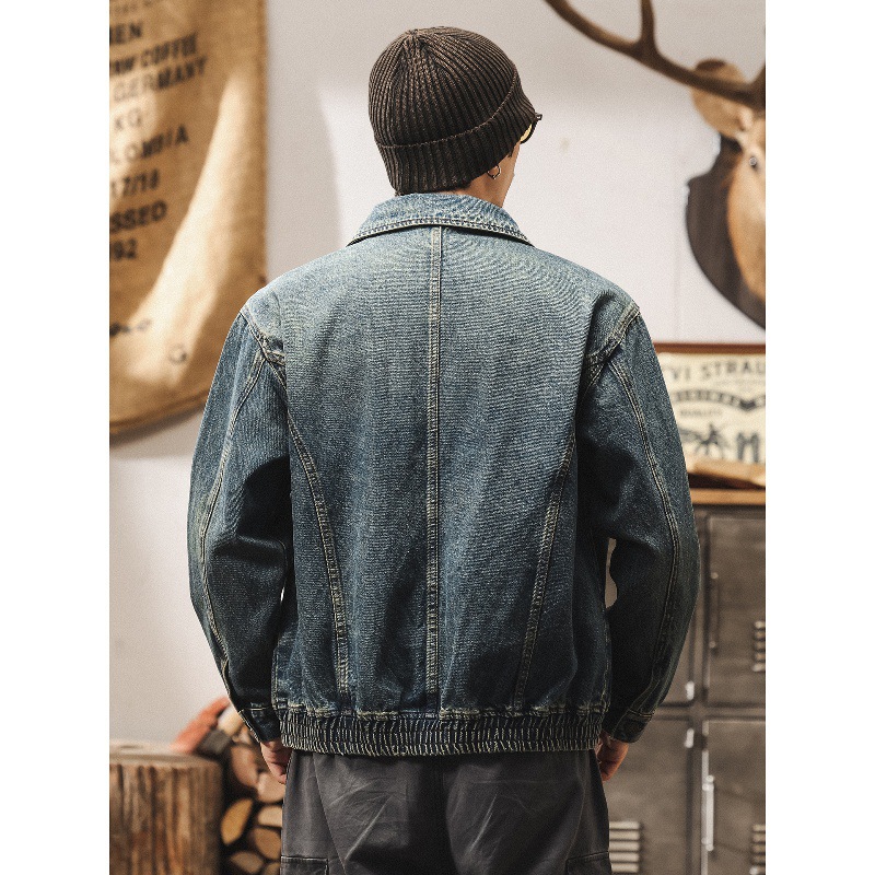 美式復古潮牌拼接解構牛仔外套男春秋款重水洗寬鬆短款工裝夾克男