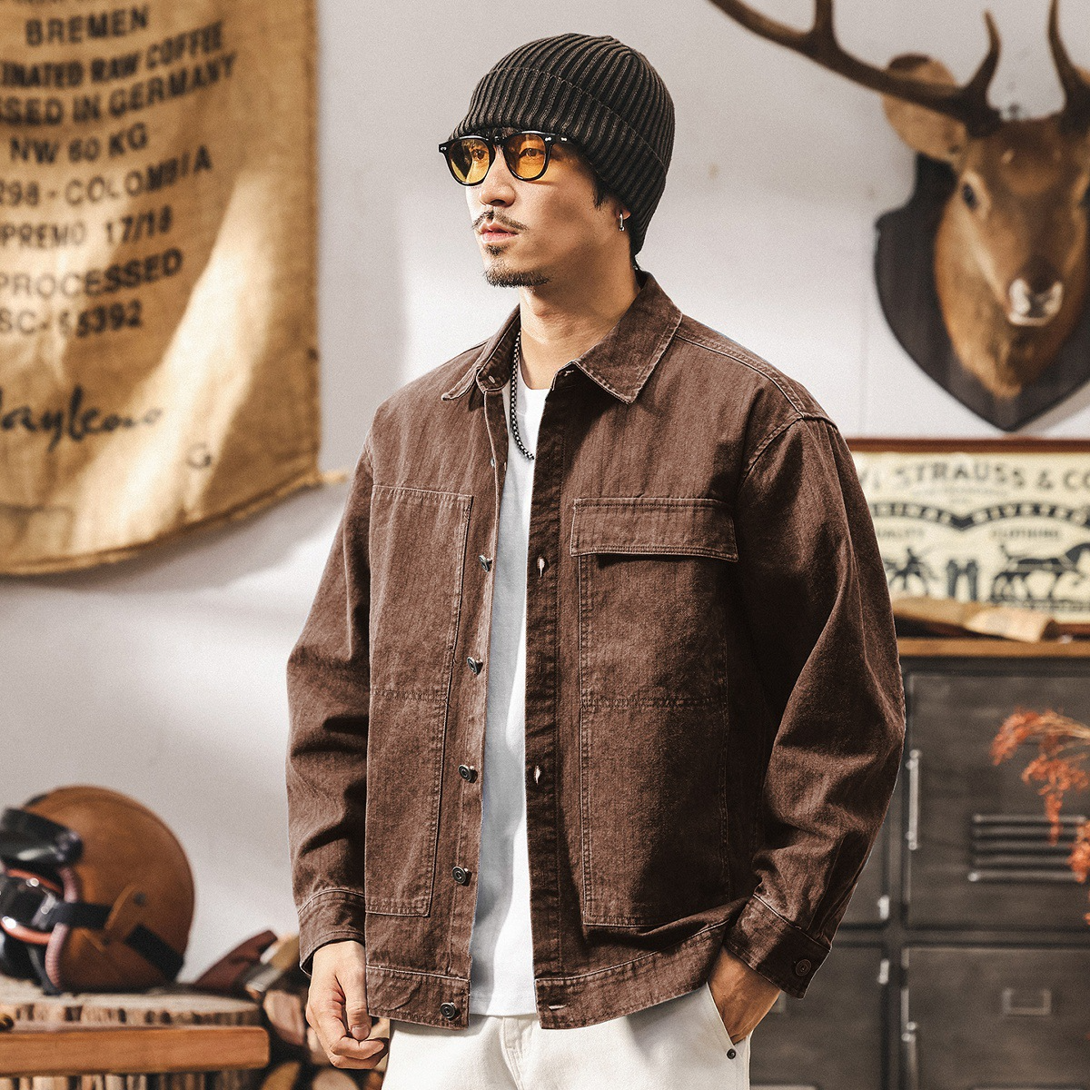 美式復古水洗牛仔夾克外套男春秋新款寬鬆工裝襯衫男長袖秋季襯衣