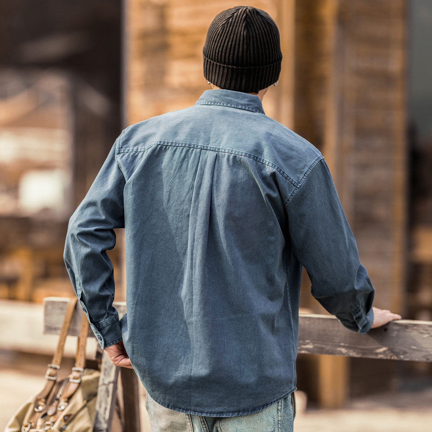 美式復古酵素水洗牛仔襯衫男春季潮牌長袖工裝襯衣寬鬆休閒外套男