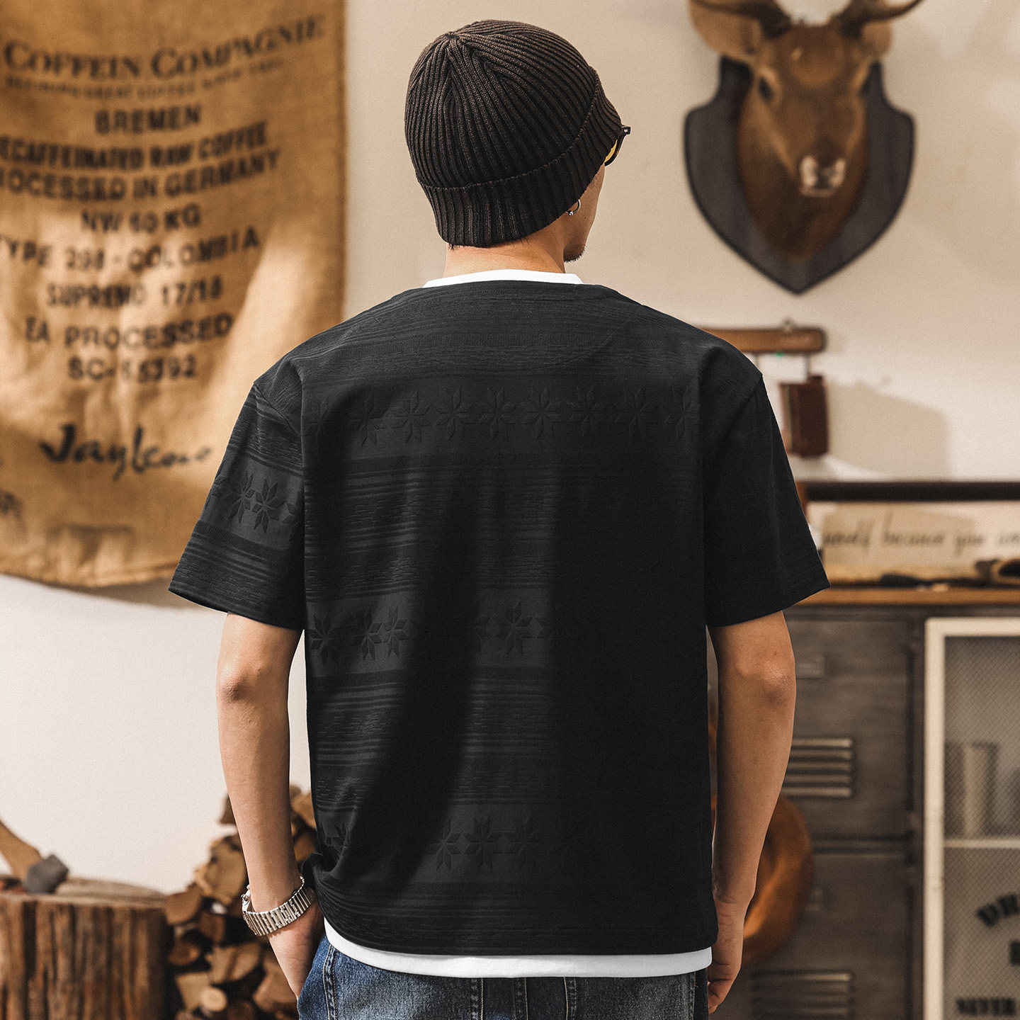 費爾島提花短袖T恤男夏季新款潮流美式復古假兩件寬鬆休閒上衣男