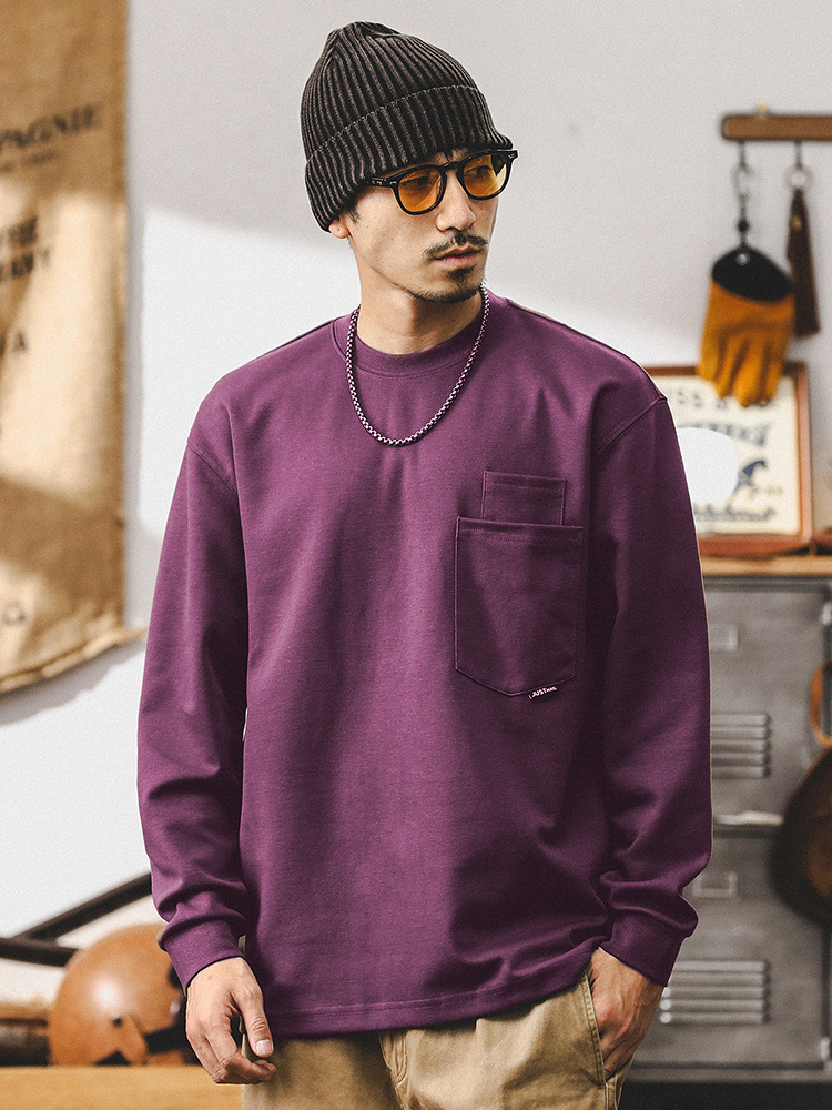 美式重磅長袖T恤男秋季潮牌雙口袋設計體恤男款百搭寬松白色上衣T