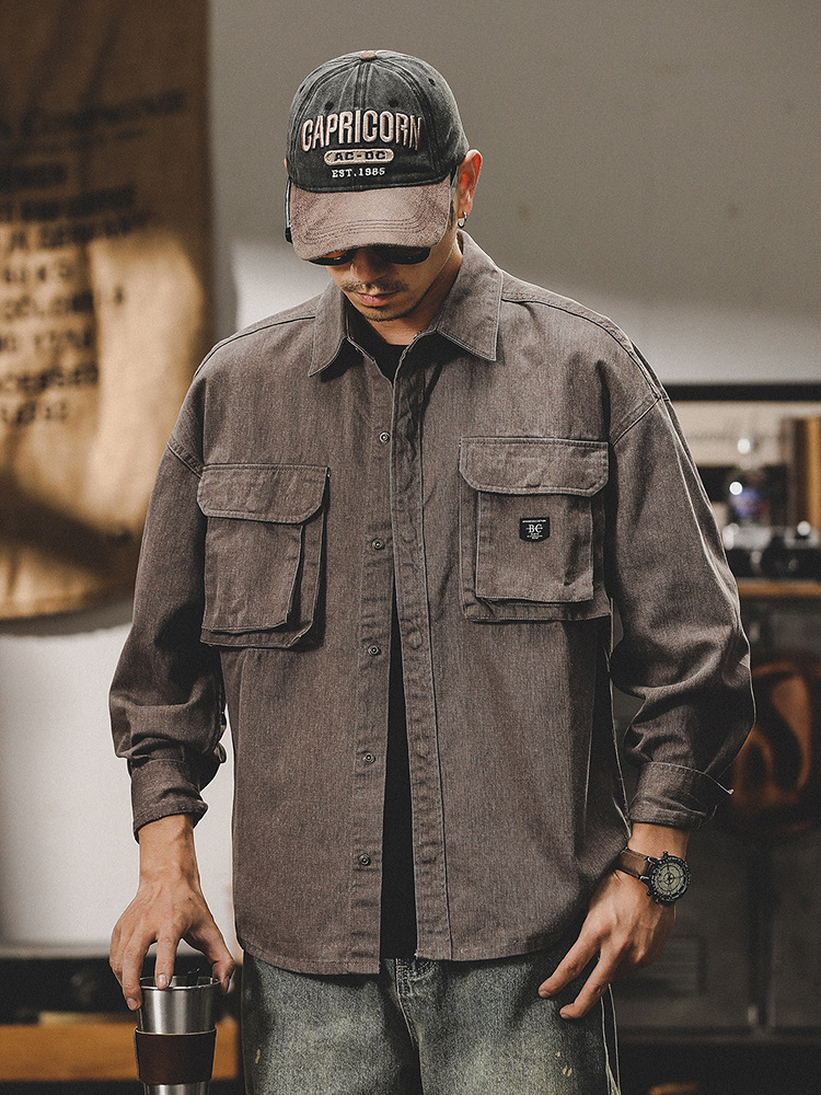 美式休閒工作服襯衫夾克男春季2024新款寬鬆潮牌夾克男春秋長袖襯