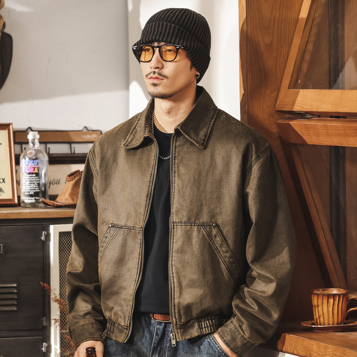 美式復古工裝油蠟皮夾克男秋季潮牌機車短款硬漢巴恩風外套男春秋