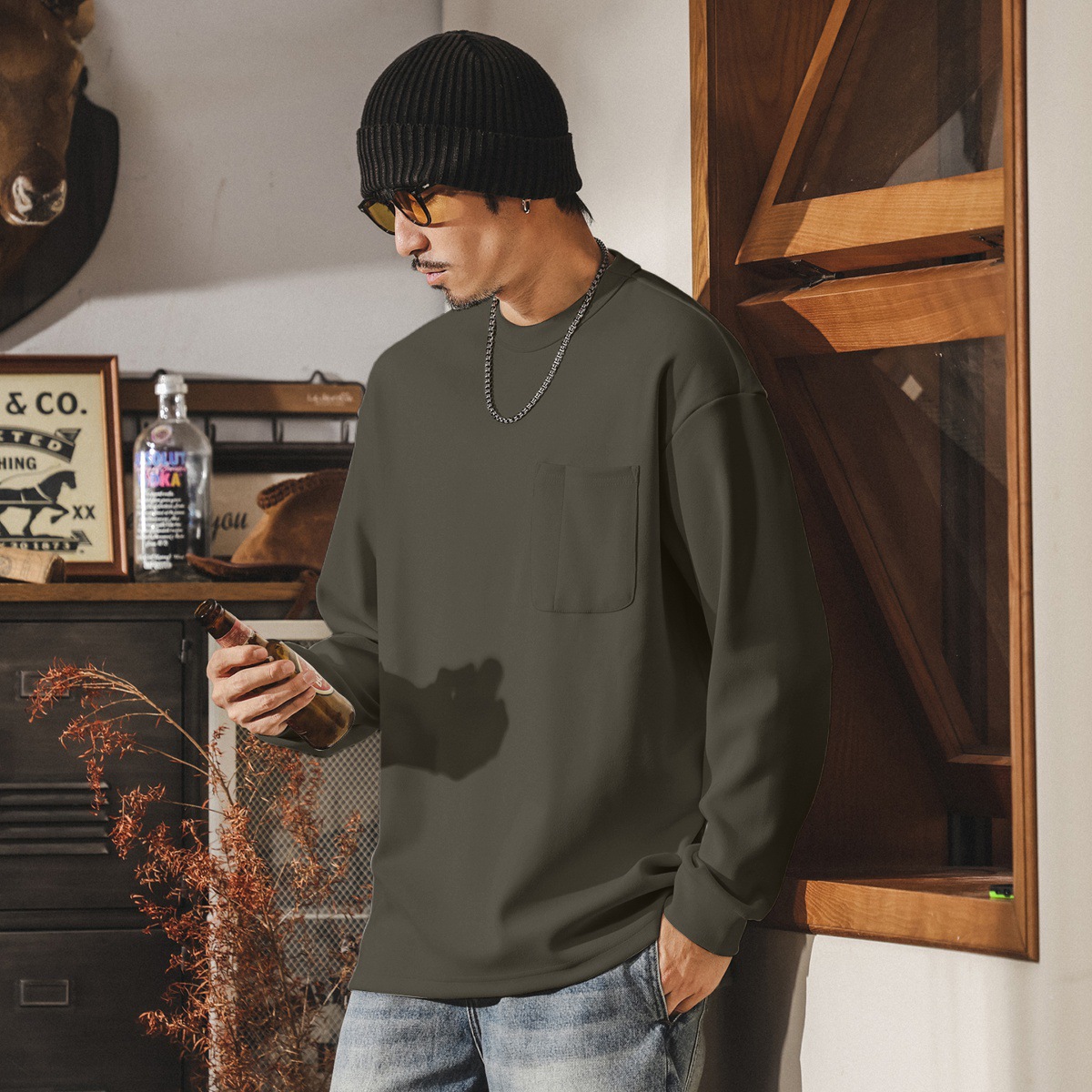 美式復古410g重磅賽爾絨衛衣男春秋新款寬鬆基礎純色內搭打底衫男