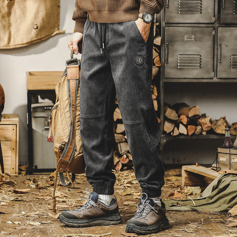 杰雷諾燈芯絨休閒褲男秋冬款寬鬆大碼束腳衛褲美式重磅加絨褲子男