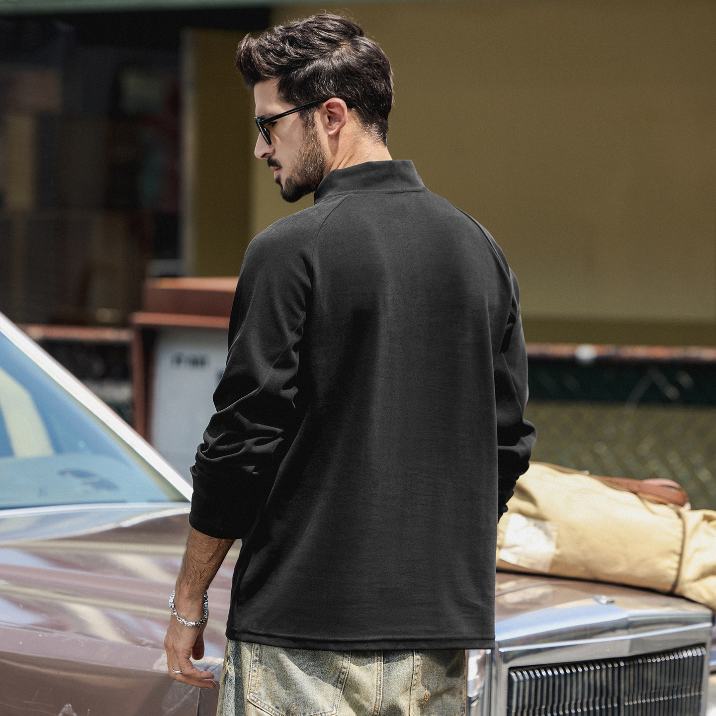 美式復古重磅T恤男春季新款拉鍊半高領衛衣男寬鬆打底衫長袖上衣