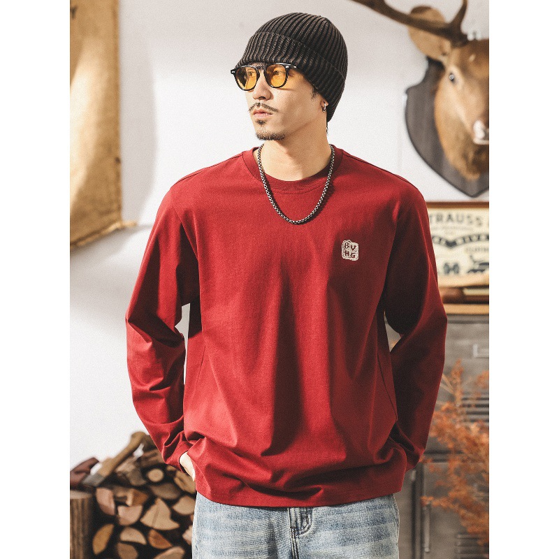 美式復古酒紅色男士t恤長袖春秋新款寬鬆簡約260g重磅打底衫男潮T