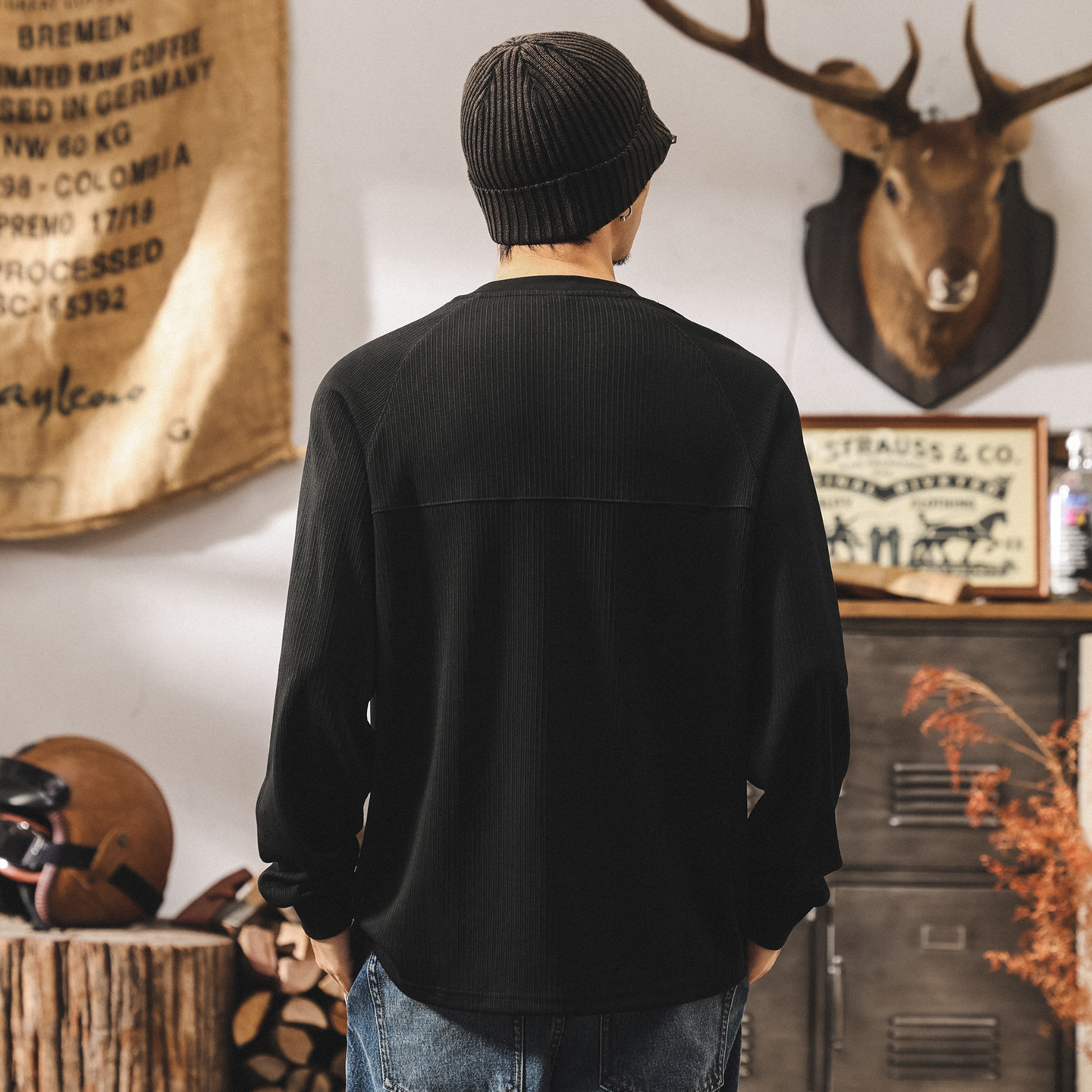 美式復古280g重磅長袖t恤男寬鬆秋季新款條紋肌理亨利領polo衫男