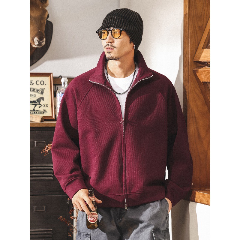 美式復古雙拉鍊開衫外套男春秋新款潮牌寬鬆大碼重磅紅色男士衛衣