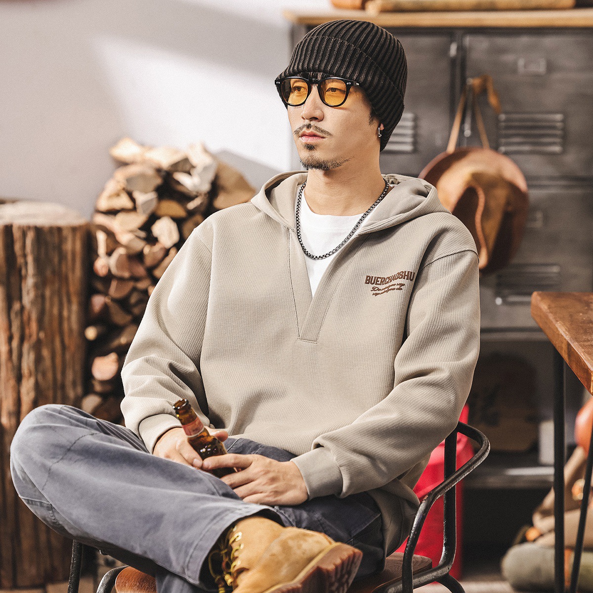 美式復古重磅假兩件V領連帽衛衣男春秋新款紫色潮流寬鬆休閒上衣