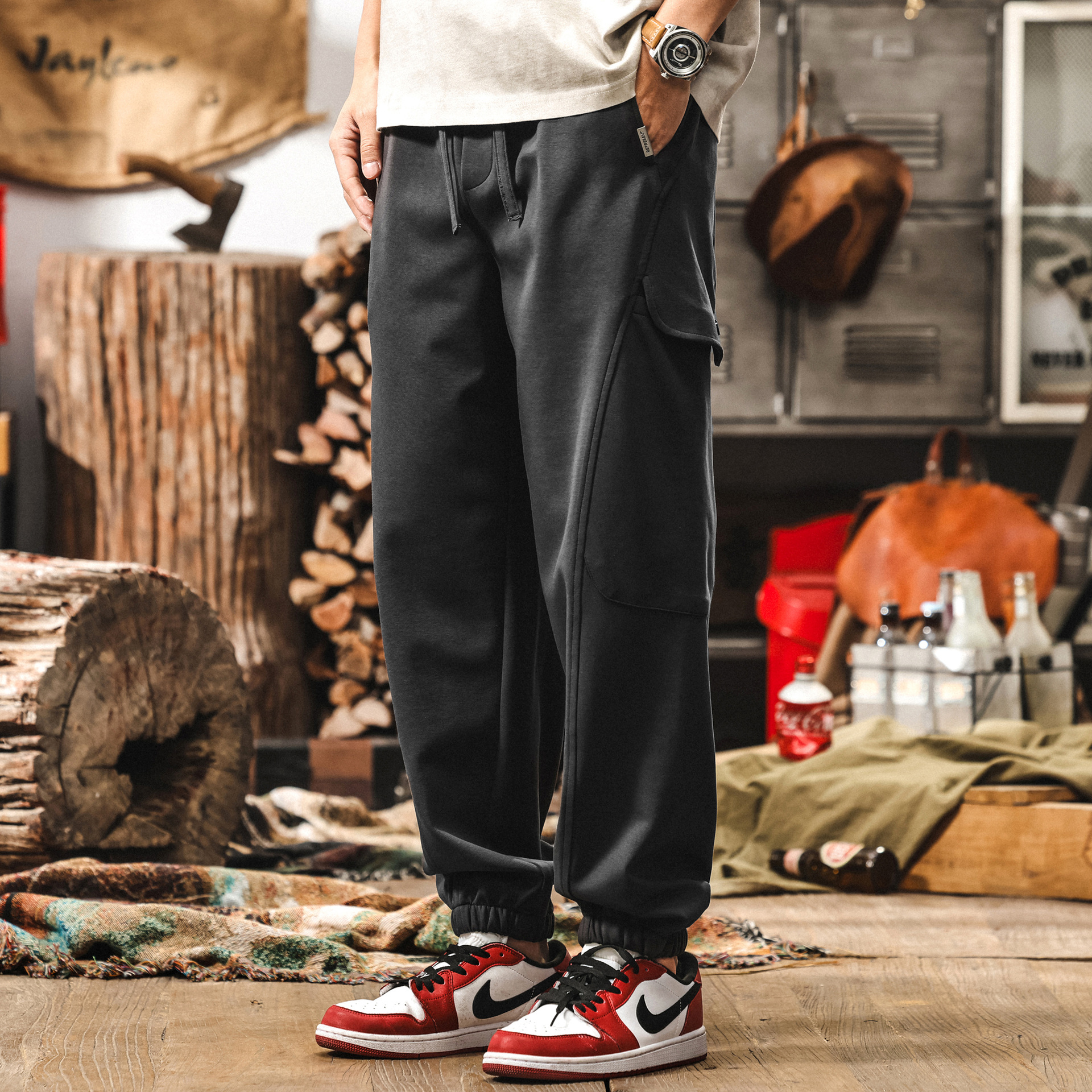 美式復古工裝褲子男夏季運動休閒褲潮牌寬鬆哈倫束腳針織男士衛褲